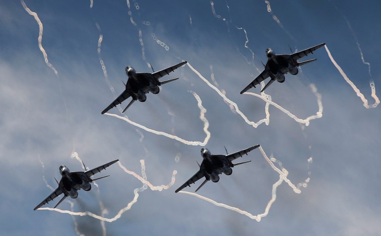 Mikoyan Mig-29 jet fighters of the Strizhi (Swifts) aerobatic team perform during International military-technical forum "Army-2020" at Kubinka airbase in Moscow Region