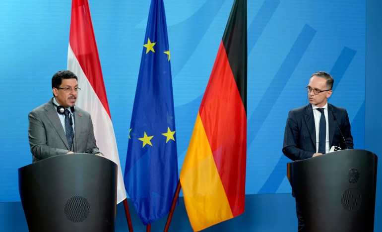 German Foreign Minister Heiko Maas and Yemen's Foreign Minister Ahmad Awad bin Mubarak attend news conference in Berlin