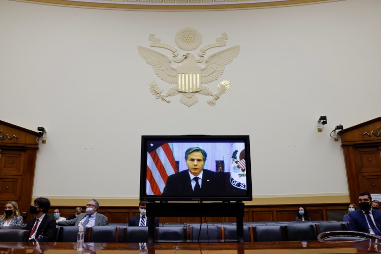 Blinken testifies on the U.S. withdrawal from Afghanistan at a virtual hearing of the House Foreign Affairs Committee in Washington