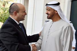 Israeli Prime Minister Naftali Bennett is received by Abu Dhabi Crown Prince Sheikh Mohammed bin Zayed at his private palace in Abu Dhabi