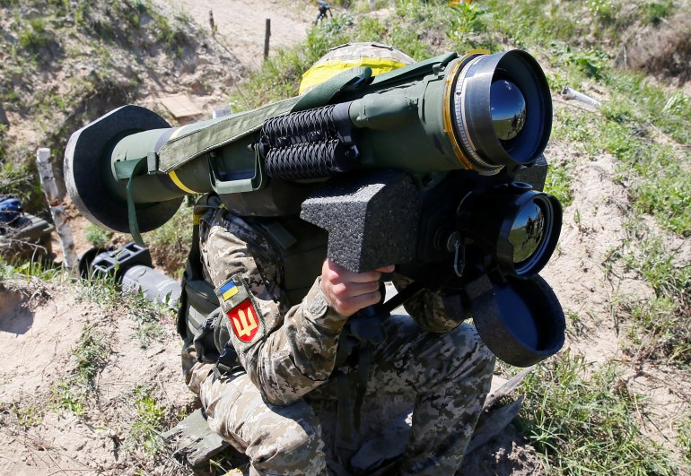 A soldier holds a Javelin missile system during a military exercise in the training centre of Ukrainian Ground Forces near Rivne