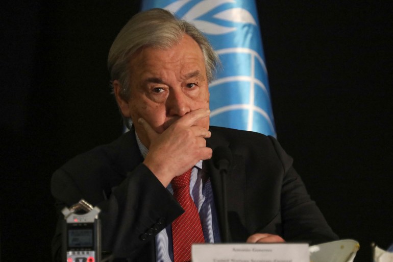 UN Secretary-General Antonio Guterres attends a new conference at the end of his visit to Lebanon