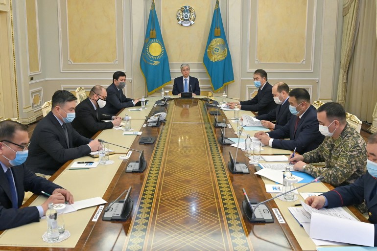 Kazakh President Kassym-Jomart Tokayev chairs a meeting in Nur-Sultan