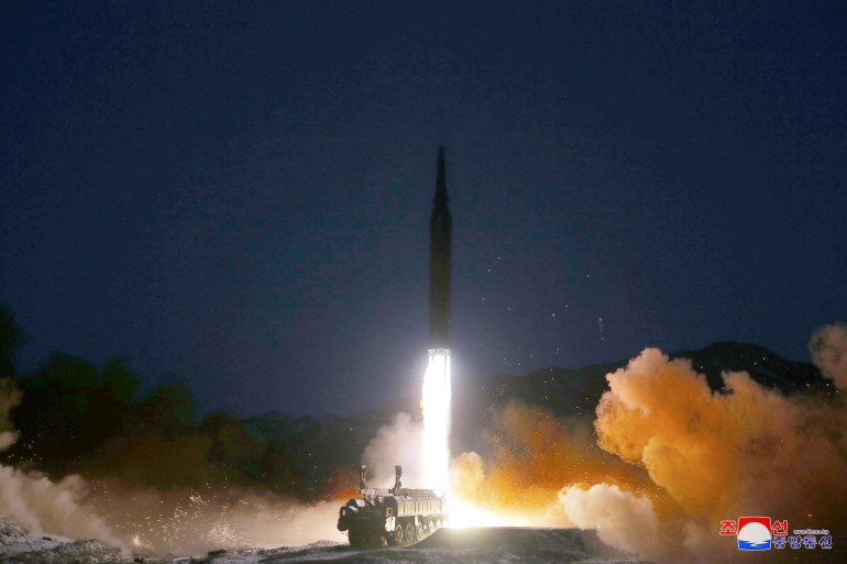 A missile is launched during what state media report is a hypersonic missile test at an undisclosed location in North Korea