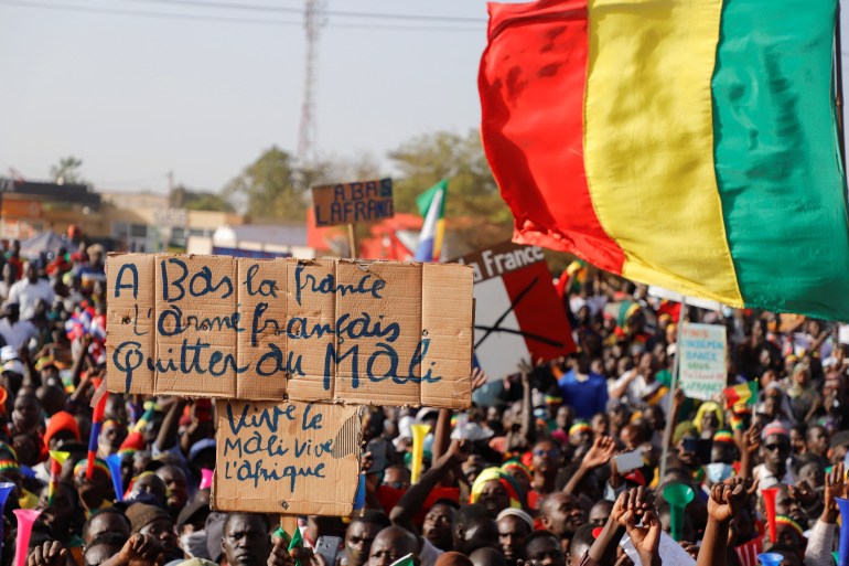 Supporters participate in a demonstration called by Yerewolo Debout sur les remparts, an anti-France political movement, in Bamako