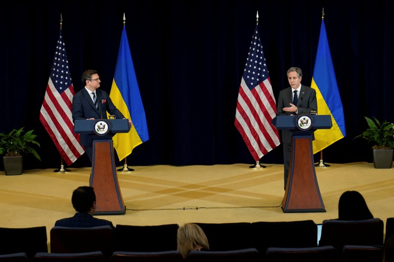 U.S. Secretary of State Antony Blinken and Ukraine's Foreign Minister Dmytro Kuleba attend a news conference, in Washington