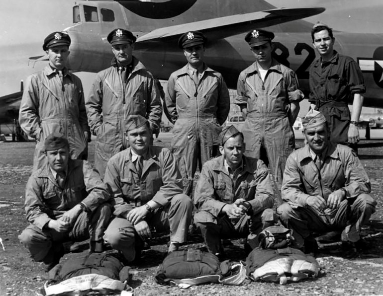 Crew of the U.S. Army Air Forces B-29 bomber Enola Gay, which dropped the atomic bomb on the Japanese city of Hiroshima, pose in 1946