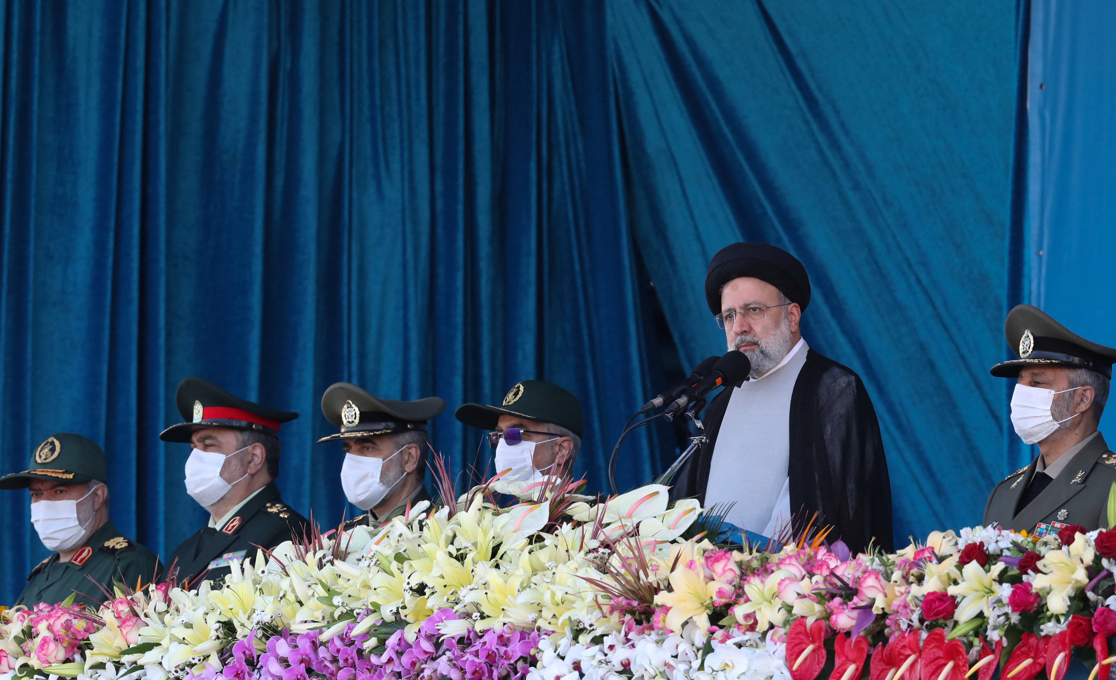 Iranian President Ebrahim Raisi delivers a speech during the ceremony of the National Army Day parade in Tehran