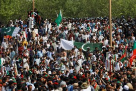 People attend a protest march called by the ousted Pakistani PM Khan in Islamabad