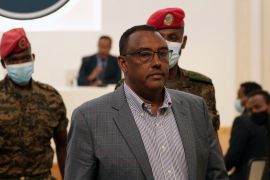 Deputy Prime Minister of Ethiopia Demeke Mekonnen, arrives at a meeting to brief the media on the current situation of the country, at the Prime Minister office in Addis Ababa