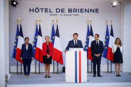 French President Emmanuel Macron delivers a speech on the eve of Bastille Day, in Paris