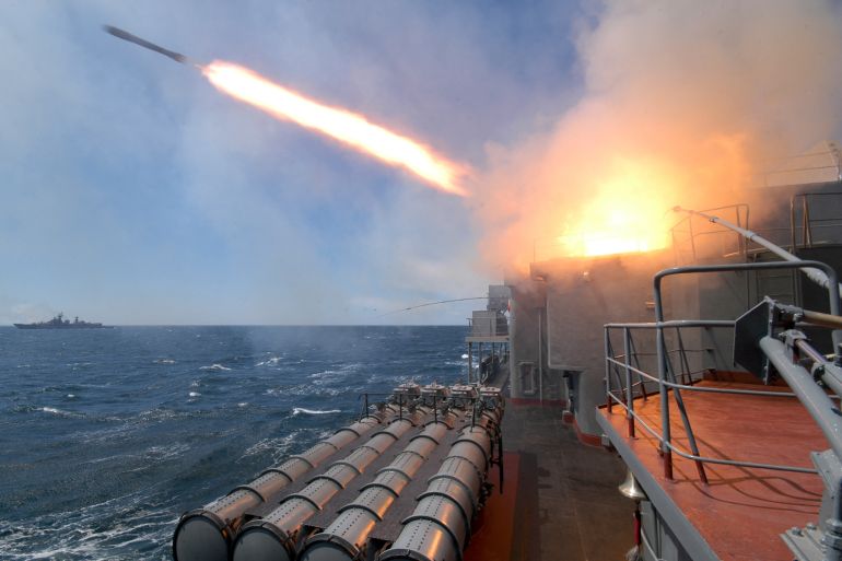 An anti-submarine missile blasts off from the Russian warship "Marshal Shaposhnikov" during a Russian-Indian military drill in the Sea of Japan