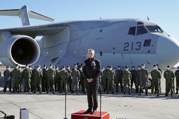 NATO Secretary General Jens Stoltenberg visits Japan Air Self-Defence Force's Iruma base in Sayama