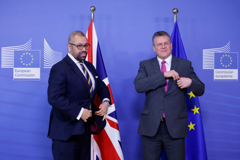 European Commission Vice President Maros Sefcovic welcomes British Foreign Secretary James Cleverly in Brussels.