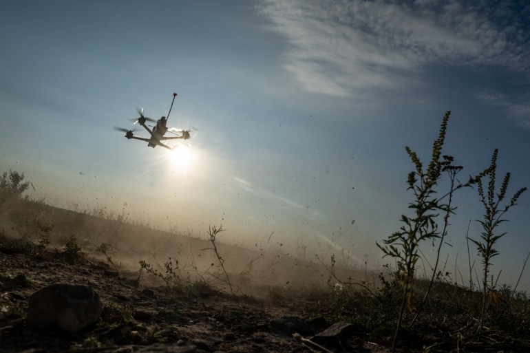 Ukrainian soldiers of the 24th Brigade test FPV drones in Druzhkivka