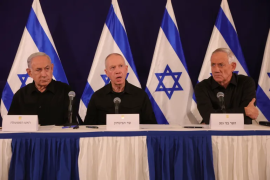 以色列战时内阁成员（左起）：总理本雅明&middot;内塔尼亚胡、国防部长约阿夫&middot;加兰特和本尼&middot;甘茨（美联社）